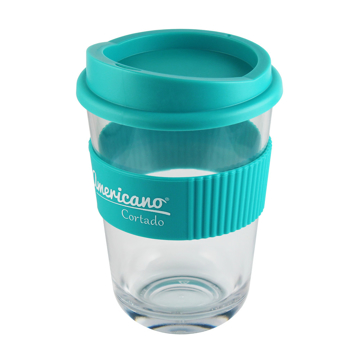 Clear reusable coffee cup with coloured grip and lid