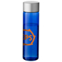 Tall slim blue bottle with silver screw cap printed with a company logo