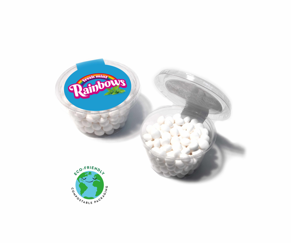 Compostable pot filled with rainbow sweets