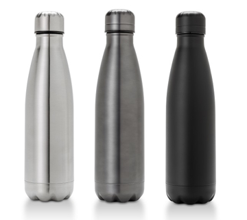 three metal bottles in silver gunmetal and black