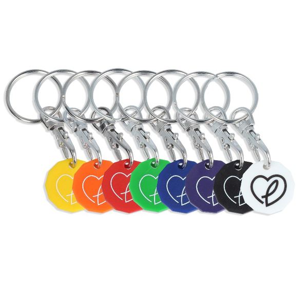 8 different coloured recycled coin keyrings each branded with the same heart logo