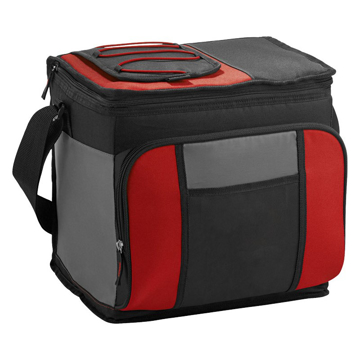 Black, Grey & red cooler bag with front zip compartment and carry handle