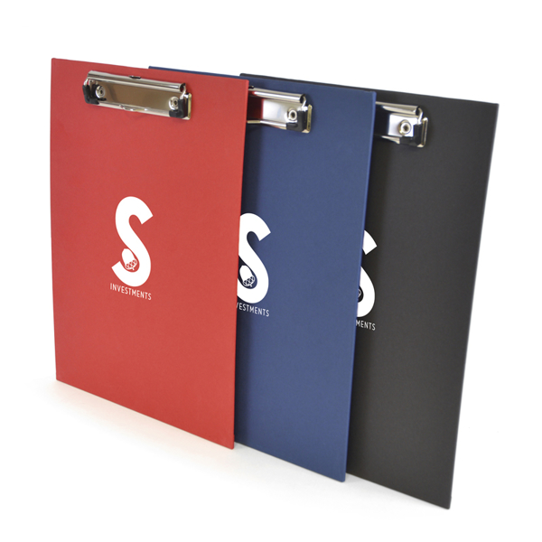A4 Bristol Clipboard in red, blue and black with stainless steel clip and 1 colour print logo