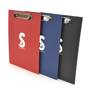 A4 Bristol Clipboard in red, blue and black with stainless steel clip and 1 colour print logo