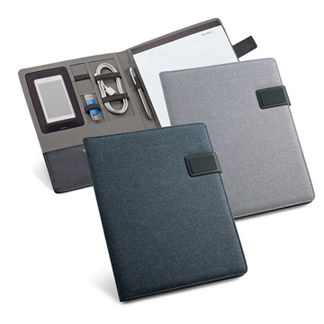 A4 imitation leather notepad organiser in navy and grey with magnetic lock with lined paper sheets and elastic pen and wire organiser