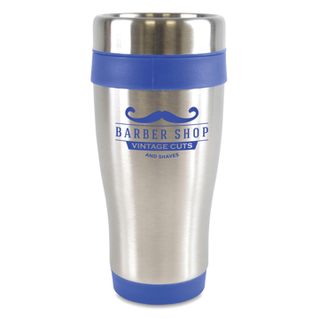 stainless steel ancoats travel mug with coloured trim and 1 colour branding