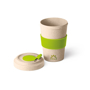 bamboo travel mug with green silicone grip and closure