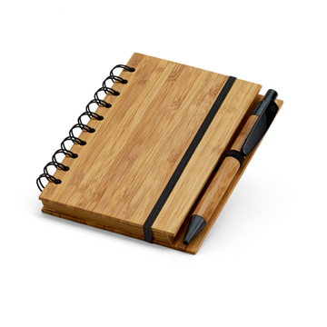 Bamboo note pad with black wire bound, elastic closure strap and bamboo/black pen