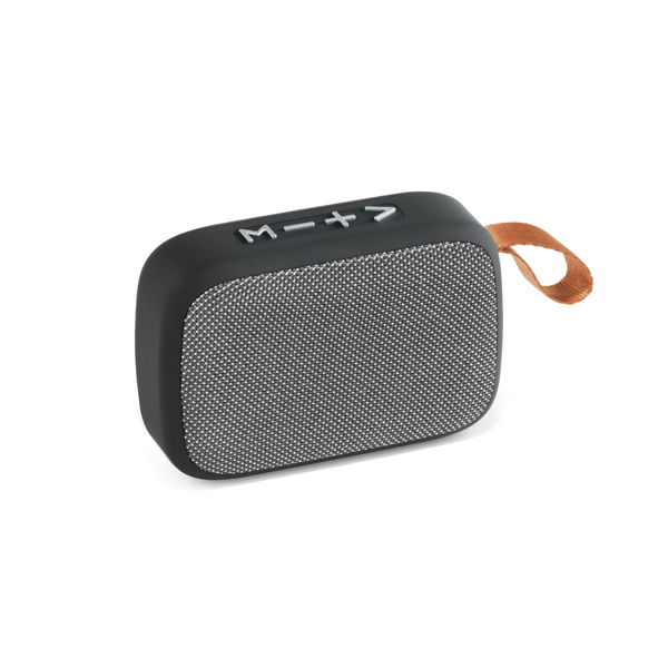 a dark grey rectangular bluetooth speaker with microphone