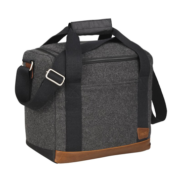 Large grey cooler bag with black straps and brown trim at the bottom