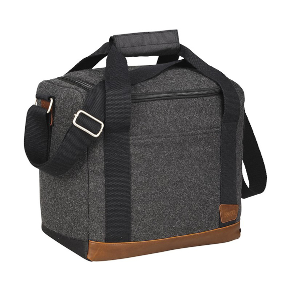 Large grey cooler bag with black straps and brown trim at the bottom
