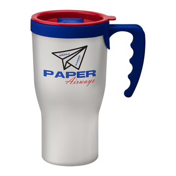 Tall, sturdy travel mug in white with blue handle and printed logo
