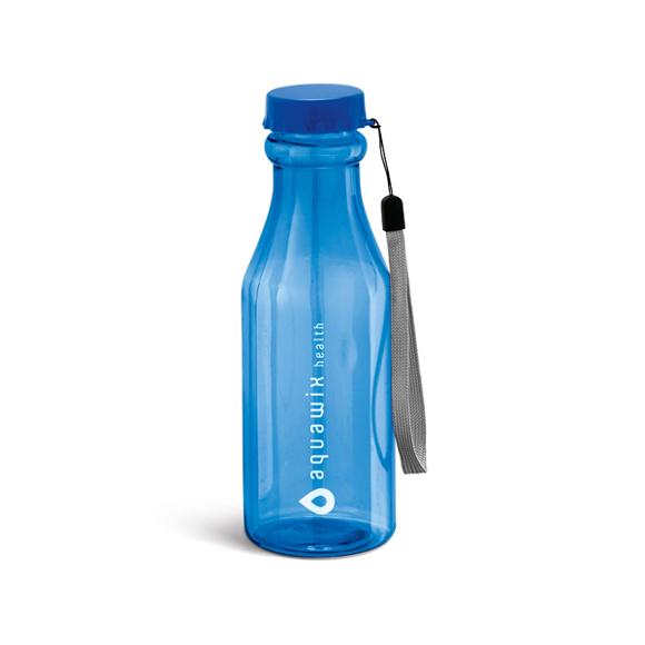 transparent blue sports bottle with blue lid, cord strap and 1 colour branding