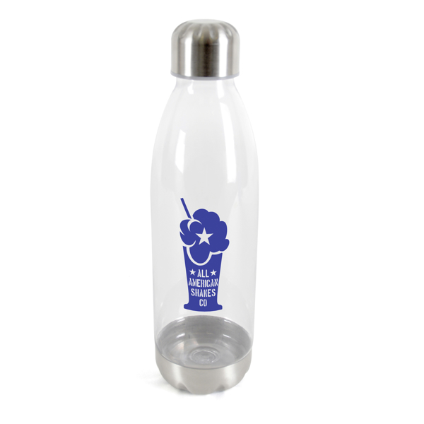 clear water bottle with metal cap and base with 1 colour branding