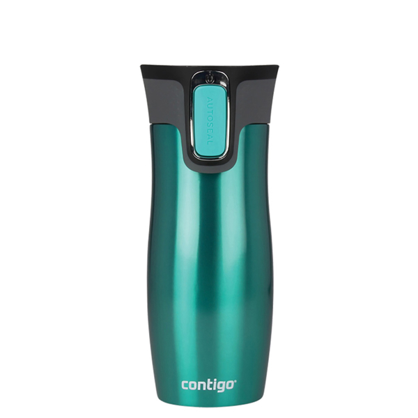 green metallic continuo travel mug with push button