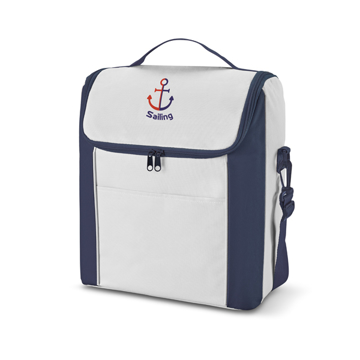 Tall blue and white cooler bag with