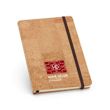 Cork pad with black elastic closure strap and ribbon with 2 colour print logo