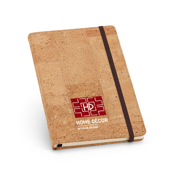 Cork pad with black elastic closure strap and ribbon with 2 colour print logo
