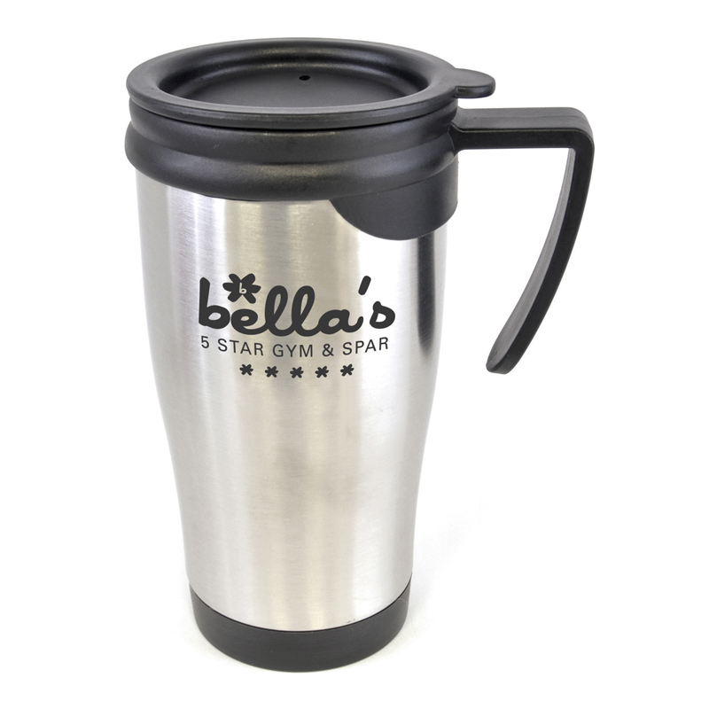 stainless steel dali travel mug with black handle lid and trim