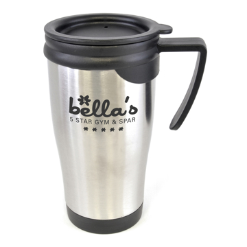 stainless steel dali travel mug with black handle lid and trim