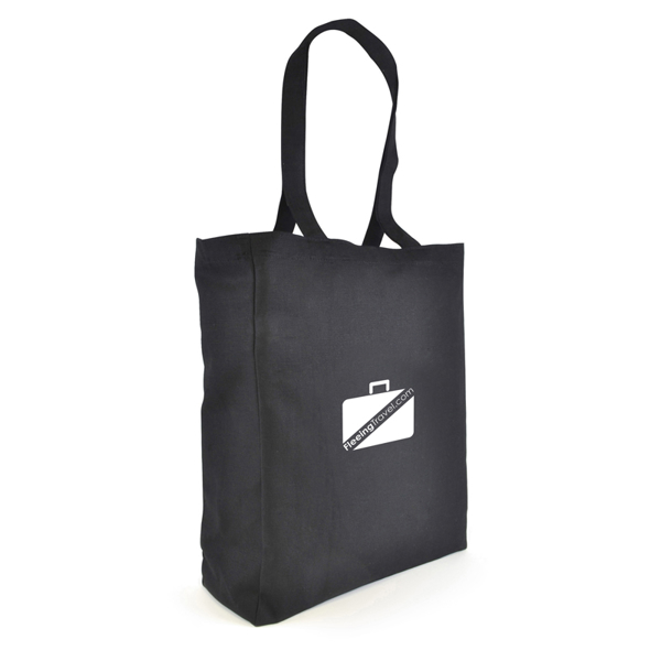 Large cotton shopper bag in black with long handles and logo printed on the front