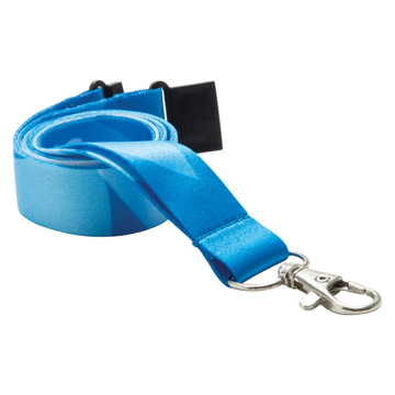 blue 15mm dye sublimation lanyard with a silky finish, silver trigger clip and black safety break