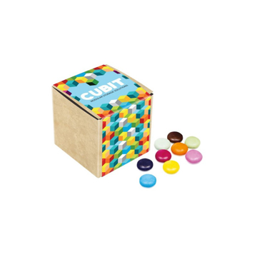small craft cube with full colour logo and scattered chocolate beans