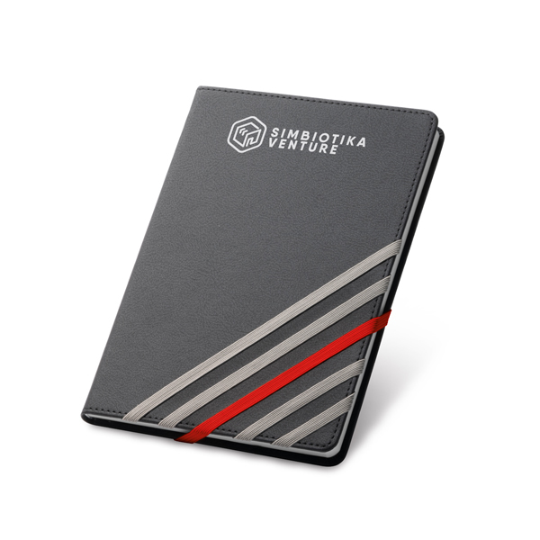 Imitation leather hardcover notebook in black with 4 grey elastic straps and 1 red elastic closure strap with 1 colour print logo
