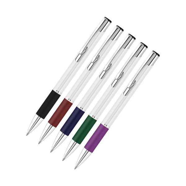 Metal pens with white body available with a choice of grip colours