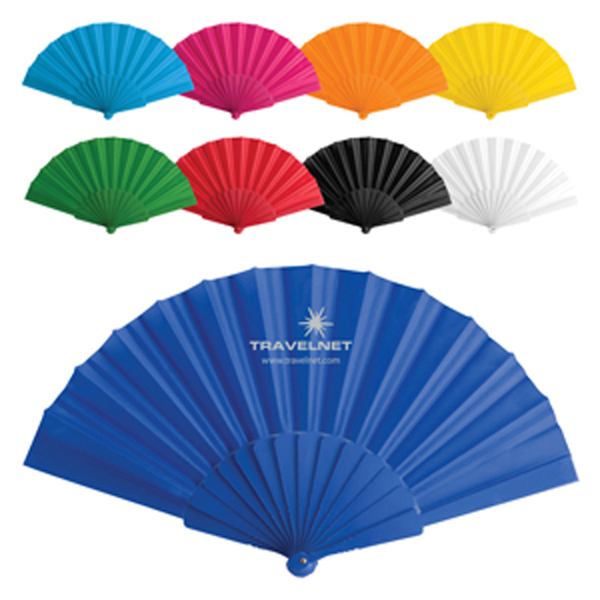 Fabric Tela Fan in light blue, pink, orange, yellow, green, red, black, white and dark blue with plastic handle