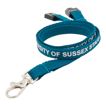Flat Polyester 10mm Lanyard in blue with trigger clip, safety release and 1 colour print logo