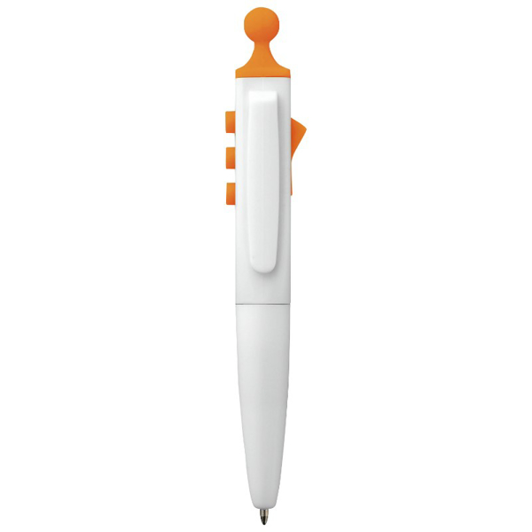 white and orange plastic pen with fidget aids on the top