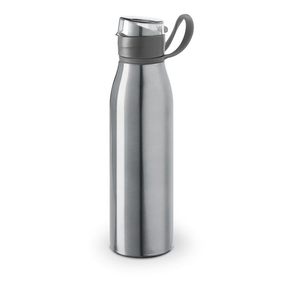 flip lid metal flask bottle with silicone strap - silver
