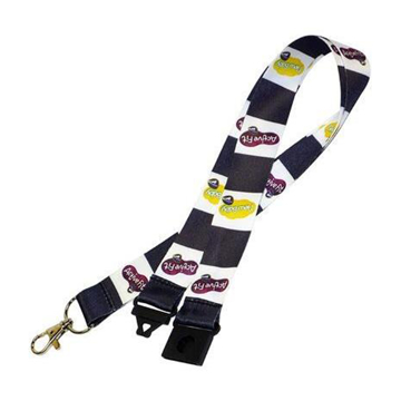 black and white striped lanyard with a full colour print to every other stripe, black safety break and silver metal trigger clip