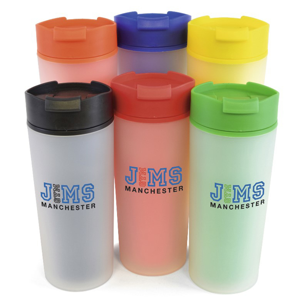 colourful frosted travel mugs with coordinated lids