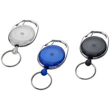 three gerlos roller clip key chains in white blue and black