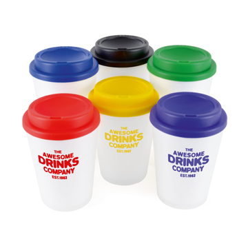 Promotional white reusable coffee cups with coloured lids