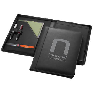 Havard A4 Portfolio in black leather with pen loops, pockets and 1 colour print logo