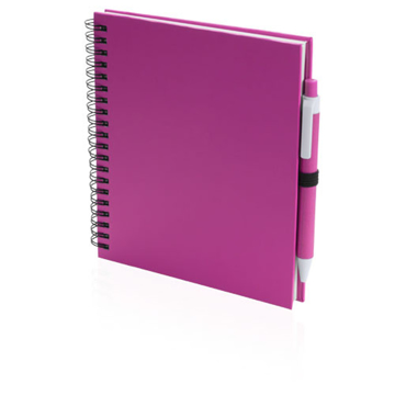 Koguel Notebook in pink with colour match pen in black elastic strap and black wire binding