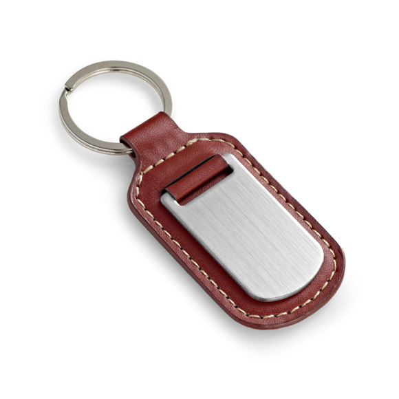 brown leather keyring with metal tag to the front
