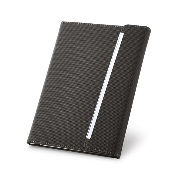 Imitation leather hardcover notebook in black with fold over magnetic lock and stitching detail around edges