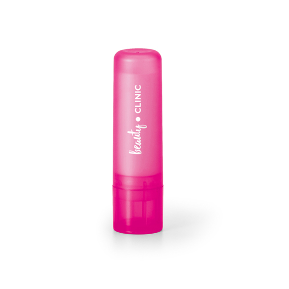 pink lip balm tube with white logo