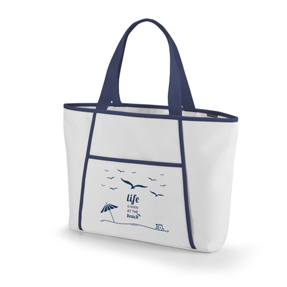 White cooler tote bag with blue trim and company logo printed on the front