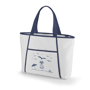 White cooler tote bag with blue trim and company logo printed on the front
