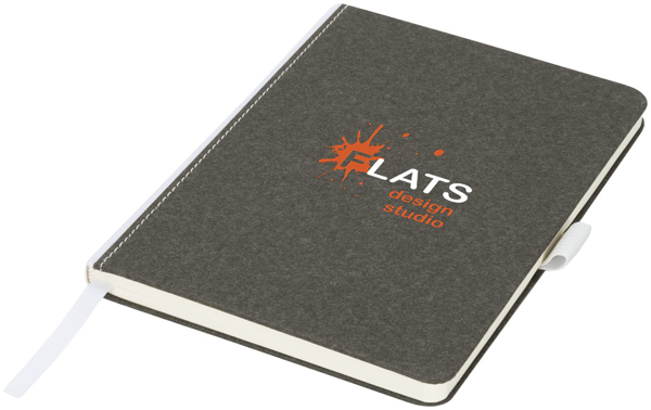 medium size cardboard notebook in charcoal with white fabric spine, ribbon and elastic pen loop with 2 colour print logo