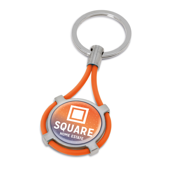metal and elastic keyring with a domed digital sticker to the centre