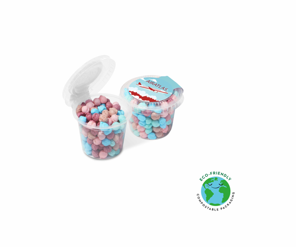 Small compostable sweet pot filled with millions chewy sweets