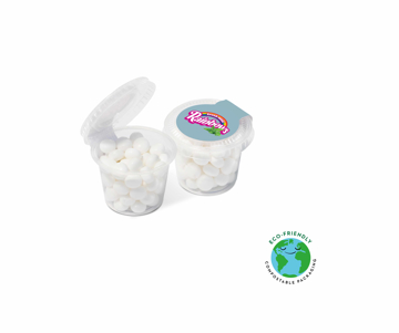 Mini clear sweet pot filled with small white raindow mints and sealed with a printed sticker