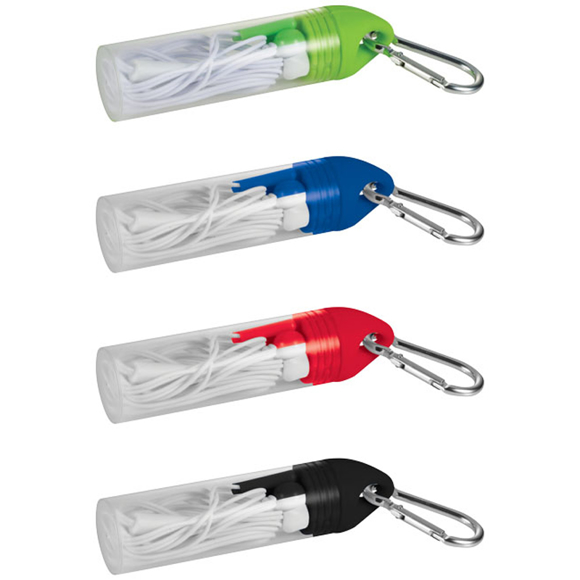 Budget earphone in a carry case with carabiner clip in a range of colours