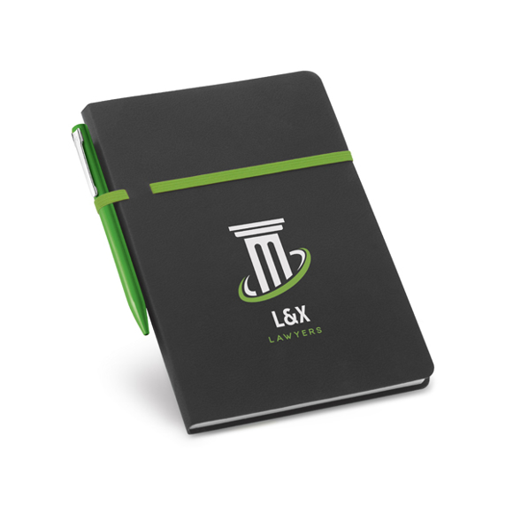 recycled cardboard notepad in black with green elastic pen holder/closure strap around middle with green pen and 2 colour print logo